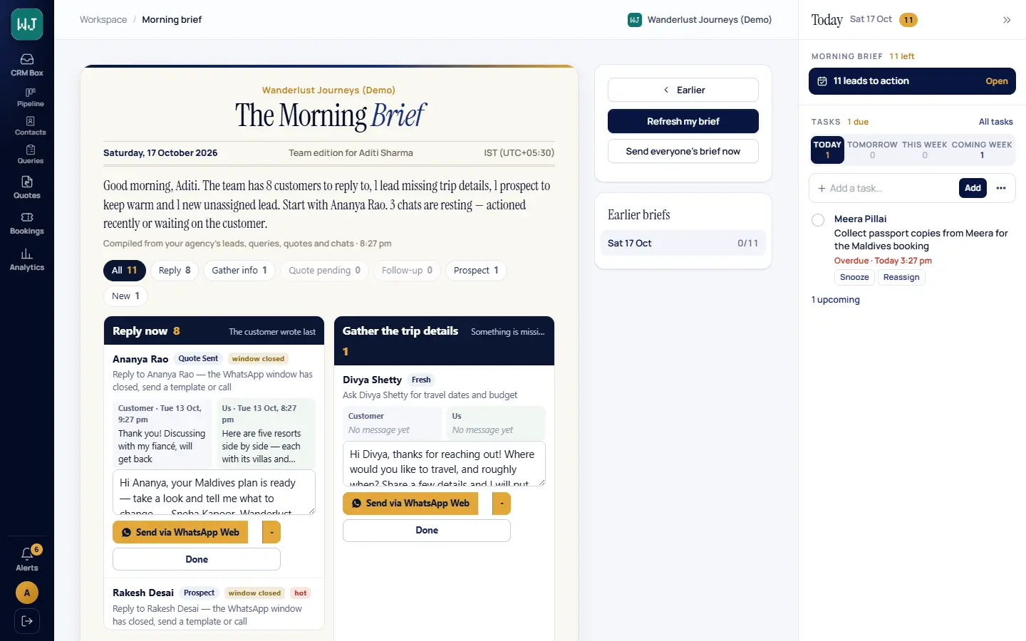 The Morning Brief: a summary of the day and cards per lead — reply now, gather the trip details — each with a suggested message and a Send via WhatsApp button