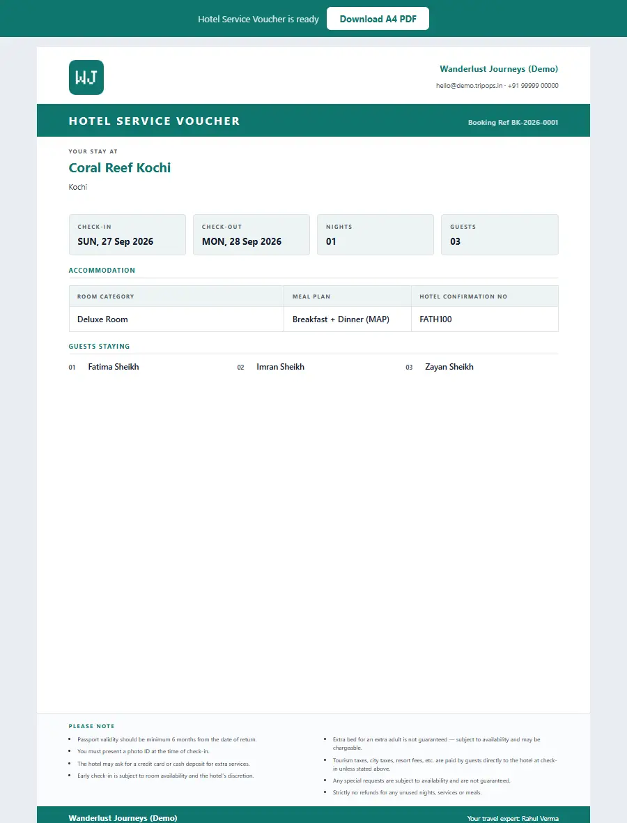 A hotel service voucher generated from a booking: hotel, check-in and check-out, room category, meal plan, confirmation number and guests